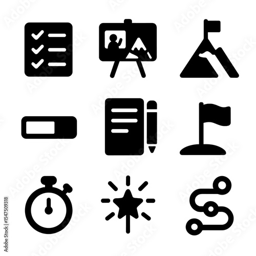 Goal-Setting Icon Grid. Solid, filled icons set of personal goal-setting: checklist, vision board, goal