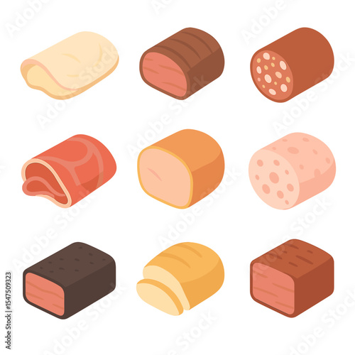 Deli Meat Icons. Isometric Flat icon set of deli meat selections: turkey slice, roast beef, salami, prosciutto, ham, mortadella,