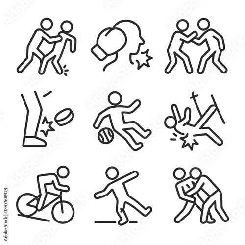 Sports Injury Icons. Outline icon set of bruise in sports injuries: football tackle, boxing glove, rugby collision, hockey puck