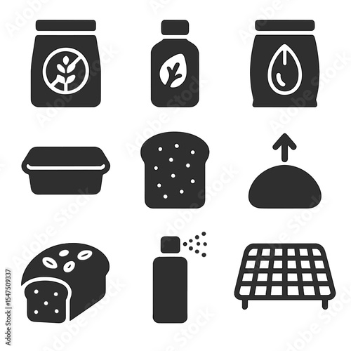 Gluten-Free Baking Icons. Solid, filled icons set of gluten-free bread baking: GF flour bag, xanthan gum,