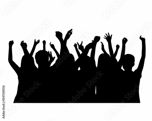 excited crowd silhouette cheering audience  raised arms  celebrating people