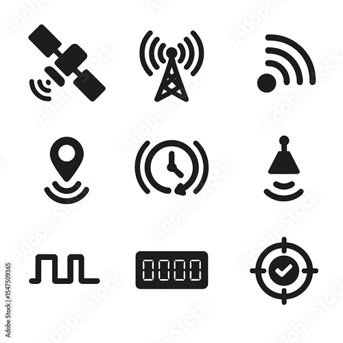 GPS Radio Icons Grid. Solid, filled icons set of GPS and radio time synchronization: satellite icon, radio