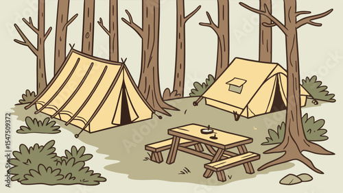 Outdoor camping scene in the forest with tents and picnic table. Summer vacation adventure and nature recreation.
