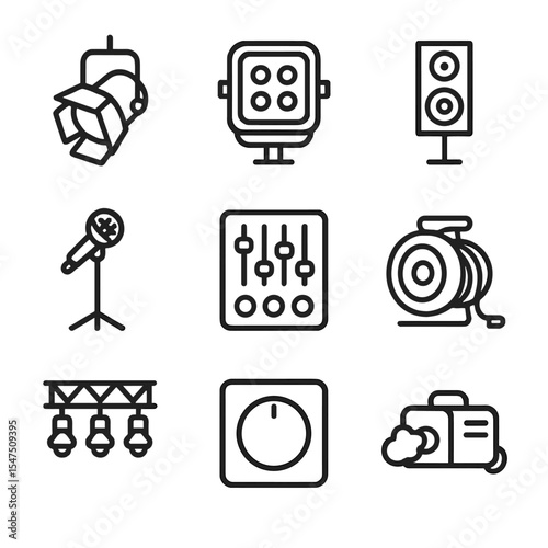 Stage Equipment Icons. Outline icon set of stage lighting and sound: spotlight, floodlight, speaker tower, microphone stand,