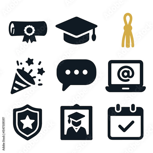 Graduation Icons Grid. Solid, filled icons set of graduation announcement invites: diploma icon, graduation