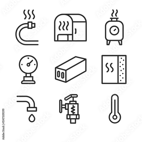 Steam Curing Icons. Outline icon set of steam curing process: steam hose, curing chamber, boiler, pressure gauge, concrete block,