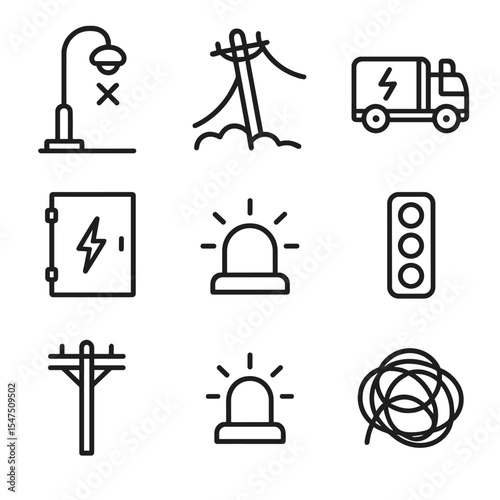 Street Lighting Icons. Outline icon set of street lighting and power disruption: non-functioning streetlight, fallen power line,