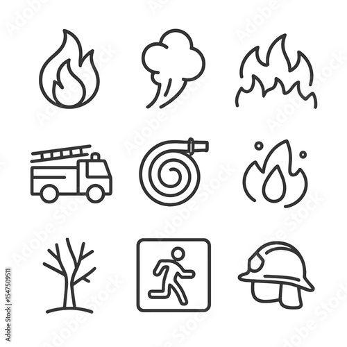 Wildfire Icon Set. Outline icon set of wildfire outbreak: roaring flame, smoke plume, fire boundary line, firetruck, fire hose,