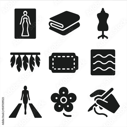 Haute Couture Icons. Solid, filled icons set of haute couture elements: designer sketch, luxury fabric, dress