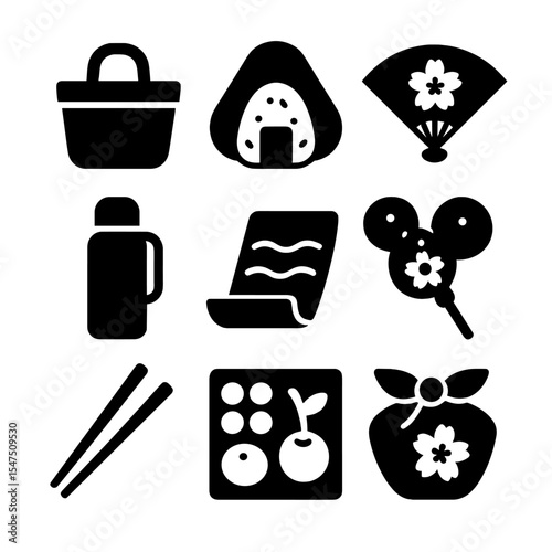 Hanami Picnic Icons. Solid, filled icons set of hanami picnic items: picnic basket, rice ball, blossom fan,