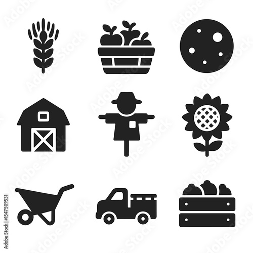 Harvest Festival Icons. Solid, filled icons set of harvest festival symbols: wheat sheaf, apple basket,