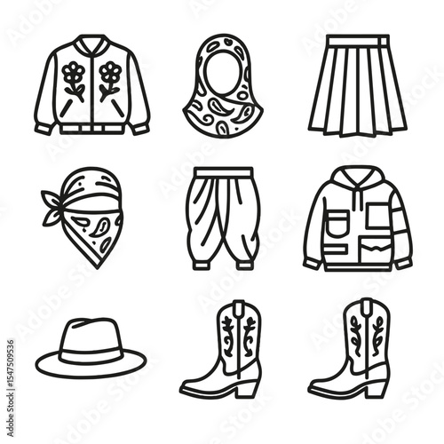 Streetwear Icon Set. Outline icon set of street style cultural blend: embroidered bomber, printed hijab, kilt-inspired skirt,
