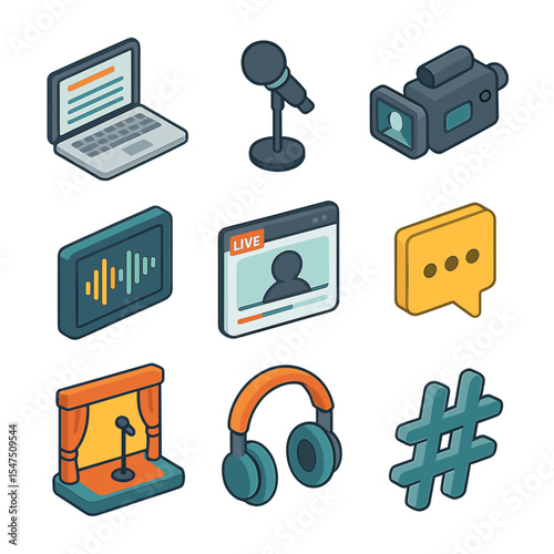 Digital Poetry Icons Set. Isometric Flat icon set of Digital Poetry and Spoken Word Slams: laptop with text editor, microphone