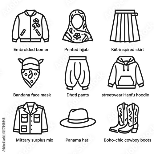 Streetwear Icon Set. Outline icon set of street style cultural blend: embroidered bomber, printed hijab, kilt-inspired skirt,