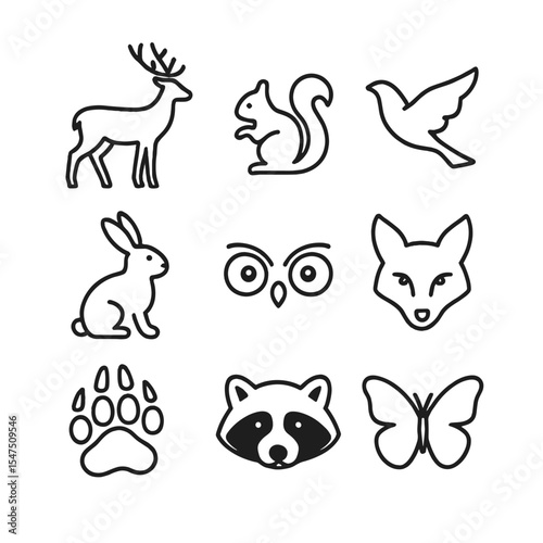 Wildlife Icon Collection. Outline icon set of wildlife spotting: deer silhouette, squirrel outline, bird in flight, fox head,