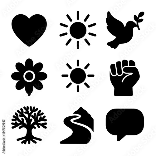 Healing Icons Grid. Solid, filled icons set of healing and encouragement symbols: heart icon, light rays,