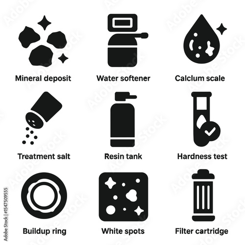 Hard Water Icon Set. Solid, filled icons set of hard water effects and treatment: mineral deposit, water