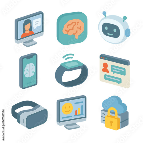 Digital Mental Health Tools. Isometric Flat icon set of digital mental health tools: teletherapy computer screen, cognitive app