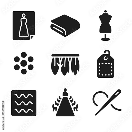 Haute Couture Icons. Solid, filled icons set of haute couture elements: designer sketch, luxury fabric, dress