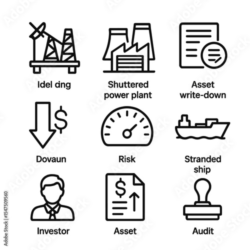 Stranded Assets Icons. Outline icon set of stranded asset risks: idle oil rig crossed, shuttered power plant, asset write-down