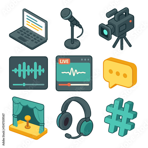 Digital Poetry Icons Set. Isometric Flat icon set of Digital Poetry and Spoken Word Slams: laptop with text editor, microphone