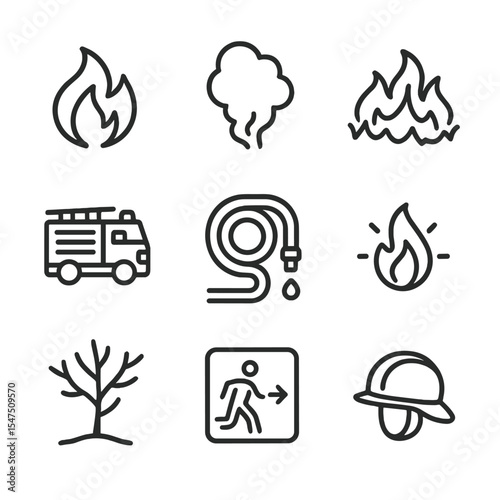 Wildfire Icon Set. Outline icon set of wildfire outbreak: roaring flame, smoke plume, fire boundary line, firetruck, fire hose,