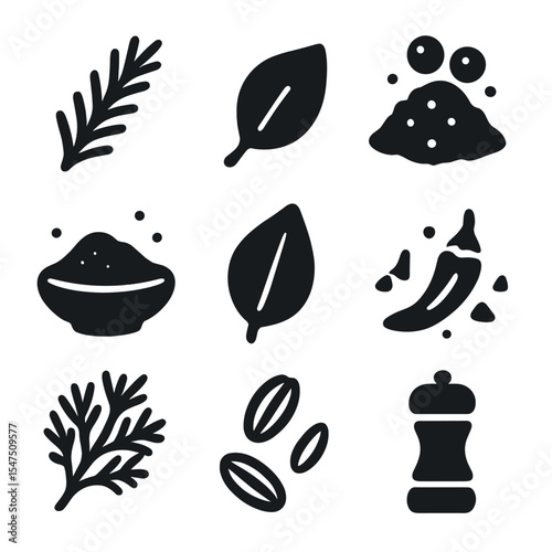 Herb and Spice Icons. Solid, filled icons set of herb and spice elements: rosemary sprig, thyme leaf, crushed