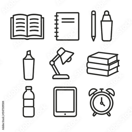 Student Desk Essentials. Outline icon set of student study desk: open textbook, notebook, pencil, highlighter, desk lamp, textbook