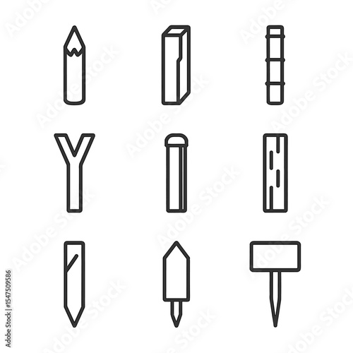 Wooden Stake Icons. Outline icon set of wooden stakes: sharpened wooden stake, split rail stake, bamboo stake, Y-shaped stake,
