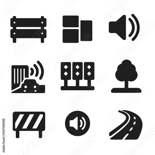 Highway Noise Barrier Icons. Solid, filled icons set of highway noise protection: roadside barrier, concrete
