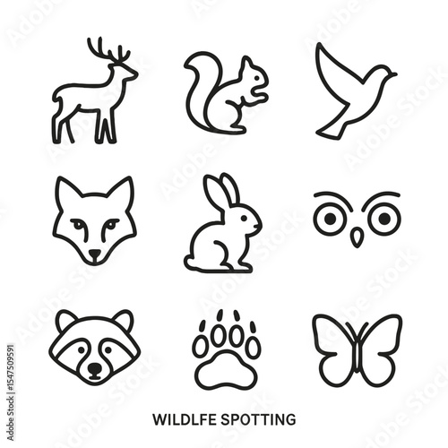 Wildlife Icon Collection. Outline icon set of wildlife spotting: deer silhouette, squirrel outline, bird in flight, fox head,