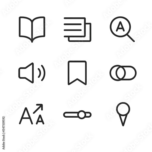Digital Reading Icons. Outline icon set of digital reading features: page flip animation, text highlight, dictionary lookup,