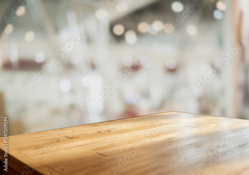 Blurred exhibition with wooden counter