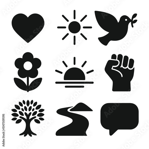 Healing Icons Grid. Solid, filled icons set of healing and encouragement symbols: heart icon, light rays,