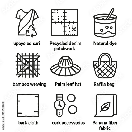 Sustainable Craft Icons. Outline icon set of sustainable traditional crafts: upcycled sari, recycled denim patchwork, natural dye