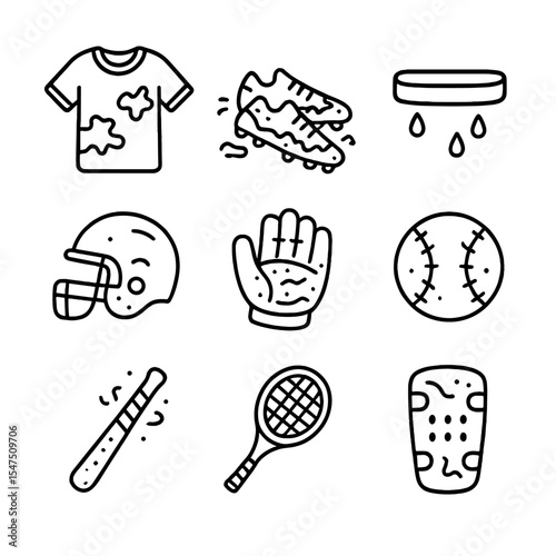 Dirty Sports Gear Icons. Outline icon set of dirty sports equipment: grass-stained jersey, mud-caked cleats, sweaty headband,