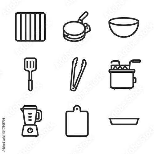 Taco Cooking Tools Icons. Outline icon set of taco cooking equipment: grill grates, tortilla press, mixing bowl, spatula, tongs,