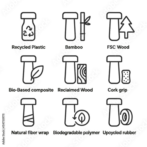 Sustainable Handle Icons. Outline icon set of sustainable handle materials: recycled plastic, bamboo, FSC wood, bio-based