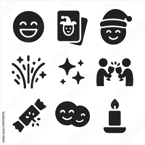 Holiday Joy Icons. Solid, filled icons set of holiday joy and laughter: laughing face, joke card, festive