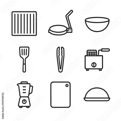 Taco Cooking Tools Icons. Outline icon set of taco cooking equipment: grill grates, tortilla press, mixing bowl, spatula, tongs,