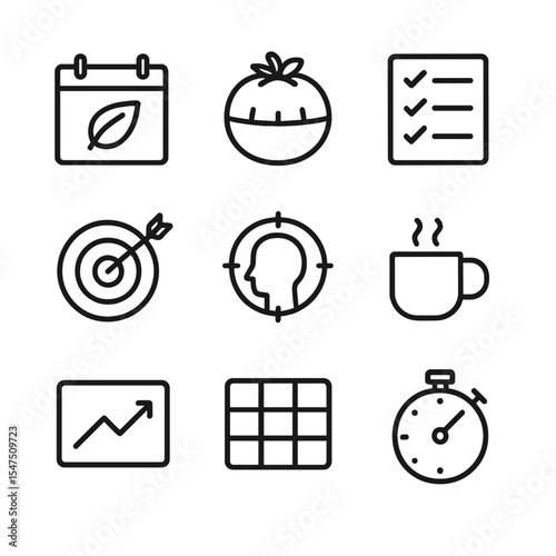 Sustainable Time Management Icons. Outline icon set of sustainable time management: calendar with leaf, Pomodoro timer, checklist,