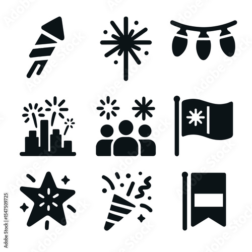 Holiday Fireworks Icons. Solid, filled icons set of holiday fireworks and lights: rocket firework, sparkler,