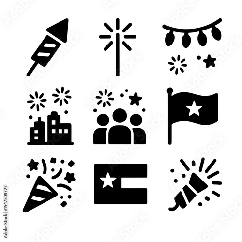 Holiday Fireworks Icons. Solid, filled icons set of holiday fireworks and lights: rocket firework, sparkler,