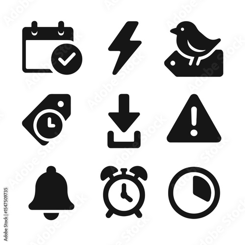 Holiday Sales Icons. Solid, filled icons set of holiday sales and timing strategies: calendar reminder, flash