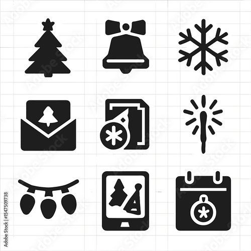 Holiday Icon Set. Solid, filled icons set of holiday party invites: Christmas tree, holiday bell, snowflake,
