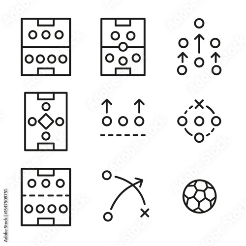 Tactical Formation Icons. Outline icon set of tactical formations: 4-4-2 layout, 3-5-2 setup, 4-3-3 diagram, diamond midfield,