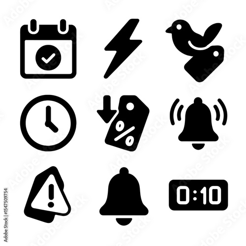 Holiday Sales Icons. Solid, filled icons set of holiday sales and timing strategies: calendar reminder, flash