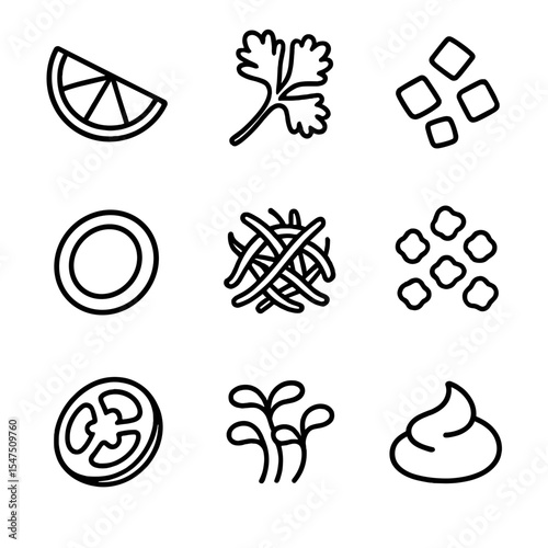 Taco Toppings Icons. Outline icon set of taco garnish toppings: lime wedge, cilantro sprig, chopped onion, radish slice, shredded