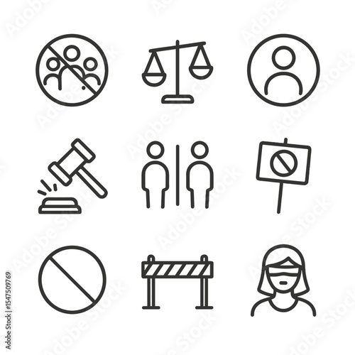 Discrimination Risks Icons. Outline icon set of discrimination risks: crossed-out diversity symbol, unequal balance scale,