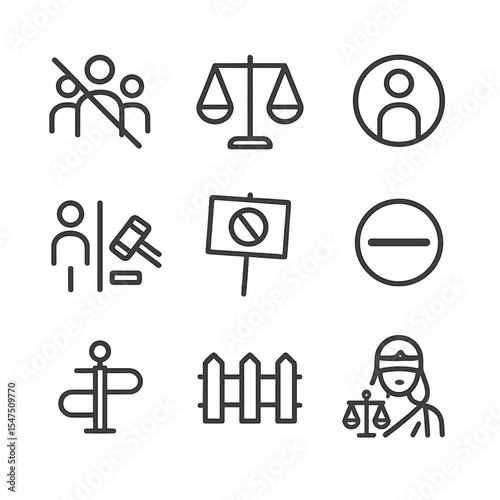 Discrimination Risks Icons. Outline icon set of discrimination risks: crossed-out diversity symbol, unequal balance scale,